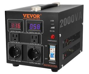 VEVOR 2000W Transformateur de tension Transformateur AC 110V⇋220V 2x US NEMA 5-15R 3 pôles/2x prises de sortie standard européennes Shucko, 1x port USB 5V, 1x prise de type C