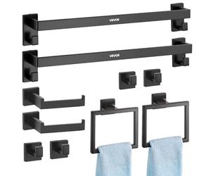 VEVOR Accessoires de Salle de Bain 10PCs, 2 Porte-Serviettes en INOX 59,5 cm avec 2 Supports Serviettes Carrés, 4 Crochets pour Peignoir et 2 Porte-Papier Toilette, Kit de Quincaillerie, Noir Mat