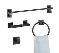 VEVOR Accessoires de Salle de Bain 4PCs, Porte Serviettes Mural en Inox 59,5 cm avec Anneau Porte-serviette, Crochet pour Peignoir et Porte-papier Toilette, Kit de Quincaillerie de Bain, Noir Mat