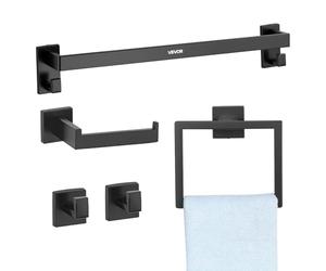 VEVOR Accessoires de Salle de Bain 5PCs, Porte-Serviettes Mural en INOX 59,5 cm avec Support Serviette, 2 Crochets pour Peignoir et Porte-Papier Toilette, Kit de Quincaillerie de Bain, Noir Mat