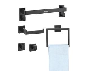 VEVOR Accessoires de Salle de Bain 5PCs, Porte Serviettes Mural en INOX, Barre 40 cm, avec Support Serviettes Carré, 2 Crochets pour Peignoir et Porte-Papier Toilette, Kit de Quincaillerie, Noir Mat