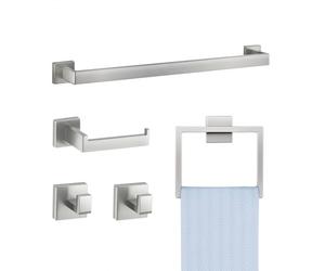 VEVOR Accessoires de Salle de Bain en Nickel Brossé 5PCs, Porte Serviettes Mural en Inox 59,8 cm avec Support Serviettes Carré, 2 Crochets pour Peignoir et Porte-papier Toilette, Kit de Quincaillerie