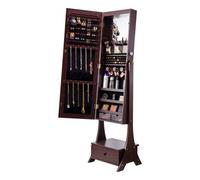 VEVOR Armoire à Bijoux avec Miroir Pleine Longueur, Organisateur de Bijoux sur Pied avec Rangement, Meuble de Rangement pour Bijoux Verrouillable, Doublure en Velours, LED Intérieur, Tiroir, Marron