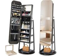 VEVOR Armoire à bijoux pivotante à 360°, organiseur de bijoux sur pied, hauteur 1600 mm, avec miroir pleine longueur, étagères de rangement, porte verrouillable avec 2 clés, pochettes pour accessoires