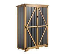 VEVOR Armoire Jardin en Bois et Métal 117x160 cm Meuble Rangement Extérieur, pour Terrasse, Balcon, Étanche, avec Toit Incliné, Étagère Amovible, Base Surélevée, Porte Verrouillable, Noir et Marron