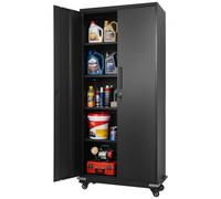 VEVOR Armoire Métallique 184,5 cm 5 Niveaux, Meuble de Rangement en Acier Verrouillable, pour Outils Atelier Bureau, sur Roulettes, avec 4 Étagères Réglables, 2 Portes Magnétiques et 2 Clés, Noir