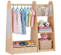 VEVOR Penderie Enfant avec Miroir, Armoire Enfant en Bois avec Étagères, Bacs de Rangement et Tringle à Vêtements, Organisateur de Déguisements pour Fille, Meuble pour Chambre, Salle de Jeux, Naturel