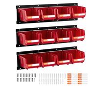 VEVOR Bac à Bec Mural 12 PCS Bacs de Rangement Empilables Suspendus avec 3 Rails Métalliques, Boites de Rangement en Plastique pour Vis, Écrous, Boulons, Quincaillerie, Outils Atelier, Garage, Rouge