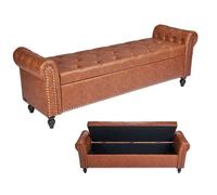 VEVOR Banc Coffre en Cuir PU 166 cm, Bout de Lit avec Rangement, Accoudoirs et Pieds en Bois, Banquette Capitonnée, Meuble pour Chambre à Coucher, Entrée, Salon, Salle à Manger, Couloir, Marron