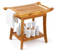 VEVOR Banc de douche en teck, 560 x 365 x 470 mm, tabouret de douche imperméable avec poignée d'étagère de rangement, coussinets antidérapants, 136,1 kg, pour intérieure et extérieure, salle de bain