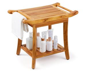 VEVOR Banc de douche en teck, 560 x 365 x 470 mm, tabouret de douche imperméable avec poignée d'étagère de rangement, coussinets antidérapants, 136,1 kg, pour intérieure et extérieure, salle de bain