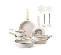 VEVOR Batterie de cuisine, 17 pcs, ensemble de casseroles et poêles à induction avec revêtement anti-adhésif en granit, couvercles en verre trempé, avec friture, sauce, sauté, passe au gril, blanc