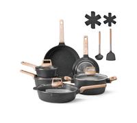VEVOR Batterie de cuisine, 17 pcs, ensemble de casseroles et poêles à induction avec revêtement anti-adhésif en granit, couvercles en verre trempé, avec friture, sauce, sauté, passe au gril, noir