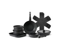 VEVOR Batterie de cuisine, 17 pcs, ensemble de casseroles et poêles à induction avec revêtement anti-adhésif, poignée amovible et couvercles en verre trempé, passe au four, pour camping-car, noir