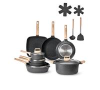 VEVOR Batterie de cuisine, 19 pcs, ensemble de casseroles et poêles à induction avec revêtement anti-adhésif en granit, couvercles en verre trempé, avec friture, sauce, sauté, passe au gril, noir