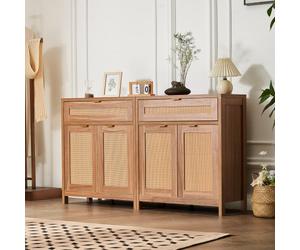 VEVOR Buffet en Rotin Lot de 2 Pièces, Armoire avec 4 Portes Magnétiques et 2 Tiroirs, Meuble de Rangement avec Étagères Réglables, Solution de Rangement pour Couloir, Entrée, Salon, Cuisine, Naturel
