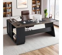 VEVOR Bureau de direction en L, charge de 158,7 kg, bureau d'ordinateur moderne avec tiroirs et armoire de rangement, grande table d'étude en bois robuste, pour travail et écriture, marron et noir