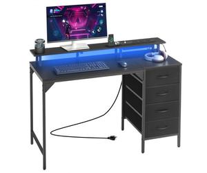 VEVOR Bureau d'ordinateur 120 cm avec éclairage LED intelligent et prises de courant, table de bureau informatique avec 4 grands tiroirs et support d'écran, table d'étude pour petits espaces, noir