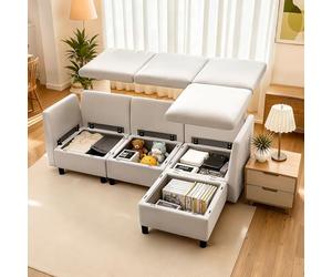 VEVOR Canapé modulable sectionnel 3 places, canapé d'angle convertible moderne en mousse haute résilience avec rangement dissimulé, sofa rembourré avec cadre en bois massif, pour salon, chambre, beige