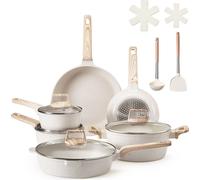 VEVOR Batterie de cuisine, 17 pcs, ensemble de casseroles et poêles à induction avec revêtement anti-adhésif en granit, couvercles en verre trempé, avec friture, sauce, sauté, passe au gril, blanc