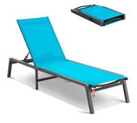 VEVOR Chaise longue jardin extérieur, transat de patio pliable aluminium avec 5 positions réglables, chaise inclinable de bronzage entièrement plate pour terrasse, plage, piscine, en plein air, bleu