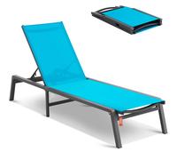 VEVOR Chaise longue jardin extérieur, transat de patio pliable aluminium avec 5 positions réglables, chaise inclinable de bronzage entièrement plate pour terrasse, plage, piscine, en plein air, bleu
