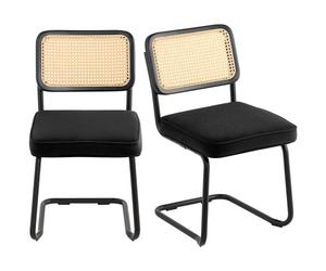 VEVOR Chaises en rotin, lot de 2, chaises de salle à manger modernes du milieu du siècle, chaise d'appoint en velours tapissée avec dossier en rotin, chaise rétro pour salon, chambre, bureau, noir