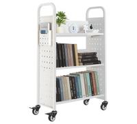 VEVOR Chariot à Livres, Capacité de Charge 150 kg, Chariot de Bibliothèque, 77 x 38 x 122 cm, Étagère de Rangement Livres Simple Face en V avec Roulettes Double Frein, pour Salon, Bureau, École, Blanc