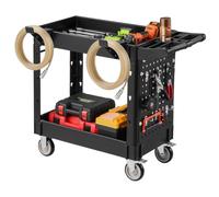 VEVOR Chariot d'Atelier 250 kg Chariot de Service en PP Panneau Perforé, 2 Niveaux, 2 Roues Fixes et 2 Roulettes Pivotantes avec Frein, Plateaux de Rangement, Crochets, pour Entrepôt et Garage, Noir