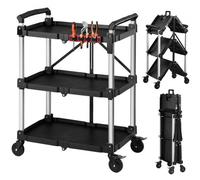 VEVOR Chariot d'Atelier Max. 136 kg Chariot de Service Pliable à 3 Niveaux, 4 Roulettes Pivotantes dont 2 avec Frein, pour Garage, Atelier et Entrepot, avec Plateaux de Rangement, Porte-Outils Latéral