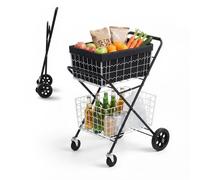 VEVOR Chariot de Courses Pliable à 2 Niveaux, Capacité de Charge 40 kg, Chariot Utilitaire à 4 Roues avec 2 Paniers Amovibles, pour Courses, Entrepôt et Supermarché, Roues Avant Pivotantes à 360°