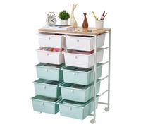 VEVOR Chariot de Rangement à 10 Tiroirs avec Roulettes Plateau en Bois Bleu, Tiroirs PP Double Rangée, Cadre en Acier, pour Bureau, Salle de Classe, Loisirs Créatifs, Roulettes Pivotantes 2 avec Frein