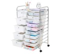 VEVOR Chariot de Rangement à 15 Tiroirs en PP Double Rangée avec Roulettes, Cadre en Acier Chromé, pour Bureau, Salle de Classe, Atelier, Loisirs Créatifs, Studio, 4 Roulettes Pivotantes 2 avec Frein