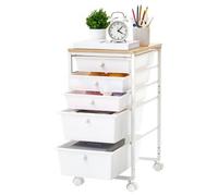 VEVOR Chariot de Rangement à 5 Tiroirs avec Roulettes Plateau en Bois Blanc, Tiroirs en PP, Cadre en Acier, pour Bureau, Loisirs Créatifs, Chambre et Maquillage, 4 Roulettes Pivotantes 2 avec Frein