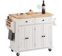 VEVOR Îlot Central 90x45 cm Desserte de Cuisine à Roulettes 2 Armoires 2 Tiroirs Meuble de Cuisine avec Plan de Travail en Bois Massif Porte-Épices Porte-Serviettes Buffet de Rangement Bar Cuisine