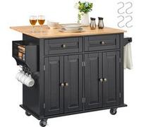 VEVOR Chariot d'îlot de cuisine, 90 cm, desserte de cuisine mobile de dessus en bois avec armoire de rangement, abattant, support à épices, barre à serviettes, étagère réglable, tiroir, crochets, noir