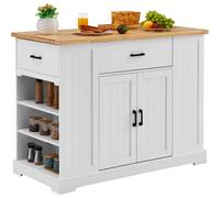 VEVOR Chariot d'îlot de cuisine, 1173 mm, desserte de cuisine de dessus en bois avec armoire de rangement, table avec 5 étagères réglables et 3 tiroirs, pour salle à manger, cuisine, salon, blanc