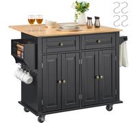 VEVOR Chariot d'îlot de cuisine, 90 cm, desserte de cuisine mobile de dessus en bois avec armoire de rangement, abattant, support à épices, barre à serviettes, étagère réglable, tiroir, crochets, noir