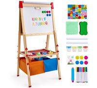 VEVOR Chevalet d'Art Enfants 3-en-1 Tableau Magnétique Blanc Noir Double Face, Planche à Dessin Bois Debout Réglable, Accessoires, Rangement, Support Rouleau Papier, pour Créativité, Garçons, Filles