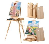 VEVOR Chevalet de Boîte avec Pieds Pliables pour Toile 860 mm Bois de Hêtre, Chevalet Français Portable avec Tiroir, Palette et Bandoulière pour Peinture Artiste, Hauteur et Angle Réglables, Naturel