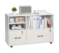VEVOR Classeur Dossier Mobile en Bois, Meuble de Rangement de Bureau à 2 Tiroirs avec Étagères Ouvertes et Réglables, Verrouillable, Support d'Imprimante Autonome pour Maison Bureau École, Blanc