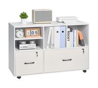 VEVOR Classeur Dossier Mobile en Bois, Meuble de Rangement de Bureau à 2 Tiroirs avec Étagères Ouvertes et Réglables, Verrouillable, Support d'Imprimante Autonome pour Maison Bureau École, Blanc