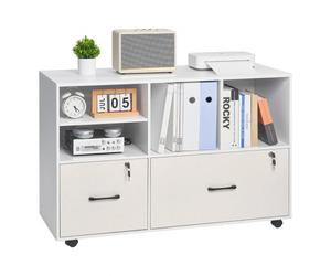 VEVOR Classeur Dossier Mobile en Bois, Meuble de Rangement de Bureau à 2 Tiroirs avec Étagères Ouvertes et Réglables, Verrouillable, Support d'Imprimante Autonome pour Maison Bureau École, Blanc