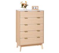 VEVOR Commode à 5 tiroirs cannelés, meuble de rangement en bois avec système coulissant et anti-basculement, style minimaliste moderne, organisateur pour salon, couloir, chambre, entrée, bois clair