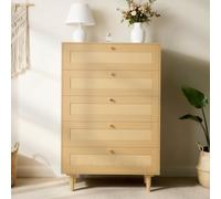 VEVOR Commode en rotin à 5 tiroirs, meuble de rangement avec poignées en métal et pieds en bois, organisateur de vêtements et rangement bohème en bois, armoire pour chambre à coucher, salon ou couloir