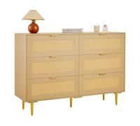 VEVOR Commode en rotin à 6 tiroirs, meuble de rangement avec poignées et pieds en métal, organisateur de vêtements et rangement bohème en bois, armoire pour chambre à coucher, salon, couloir ou entrée