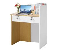 VEVOR Comptoir de Réception, 80 cm Bureau d'Accueil avec Éclairage LED, Table de Caisse à 2 Tiroirs Verrouillables pour Bureau, Hall d'Entrée, Salon, Boutique, Meuble d'Accueil Moderne, Blanc et Bois