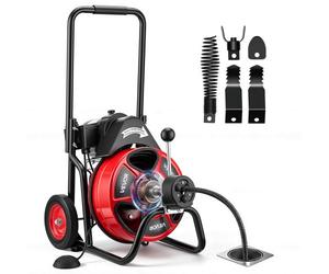 VEVOR Déboucheur Canalisation Électrique 30 m x 9,5 mm Furet Électrique Alimentation Auto Machine Débouchage sur Roues pour Canalisations Tuyaux 50-100 mm, avec 4 Têtes de Coupe, Interrupteur au Pied