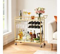 VEVOR Desserte Bar, Chariot de Service à 2 Niveaux, pour Rangement Vins Ustensiles Cuisine Salon, Bar Roulant avec Plateau en Verre Miroir, Range-bouteilles et Porte-verres, Chariot à Boissons Doré