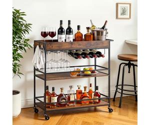 VEVOR Desserte Polyvalente, Chariot de Service pour Bar 3 Niveaux 88x36x83 cm, Rangement Vins Ustensiles Boissons Cuisine, Bar Roulant Plateaux en Bois, Range-Bouteilles et Porte-Verres, Marron Noir